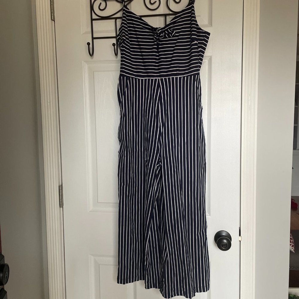 Main Strip Girls Size L Jumpsuit- Pockets, Adjustable Straps- Blue/White Stripes